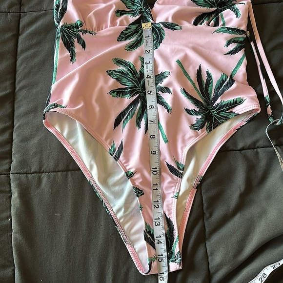 Shein Womens Pink Deep V One Piece Swimsuit with Palm Trees Size Medium (6) - Picture 7 of 9